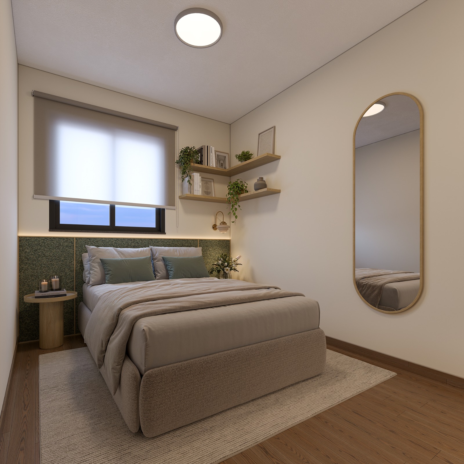 Quarto de casal decorado com cabeceira verde e espelho