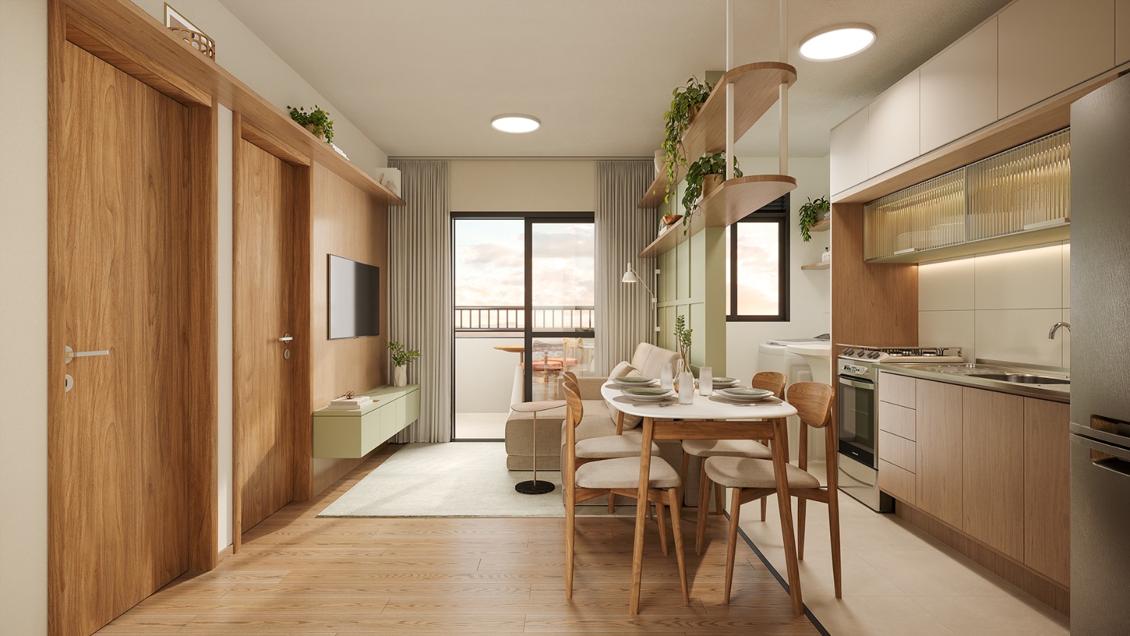 Sala e cozinha americana integradas, com mesa de jantar e varanda ao fundo