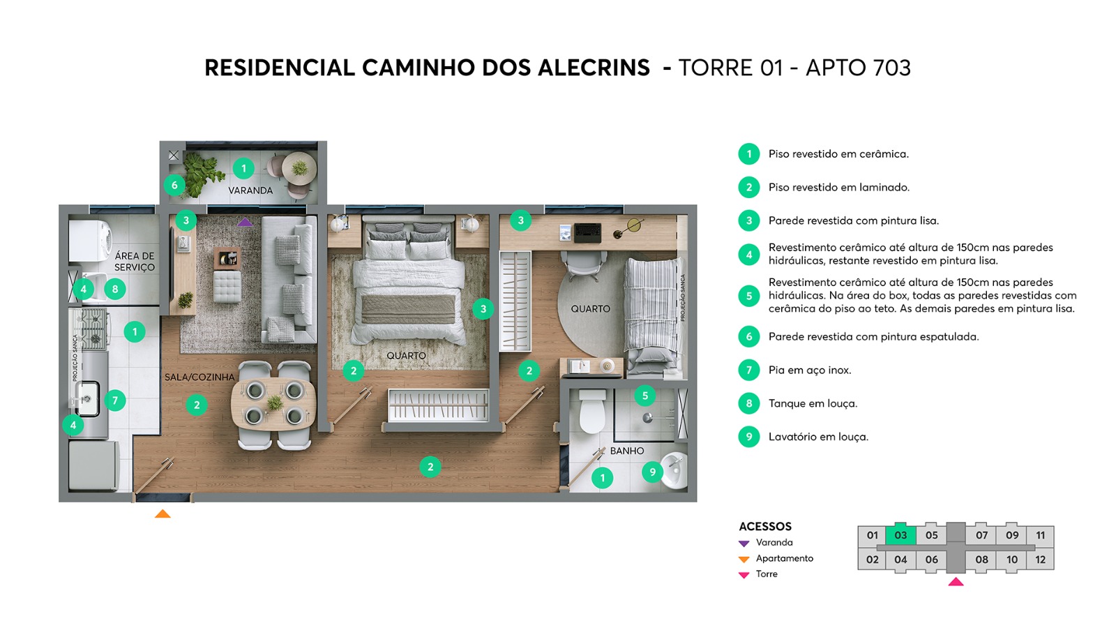 Planta do apartamento de 2 dormitórios com varanda, 43,06 m² ou 43,37 m²